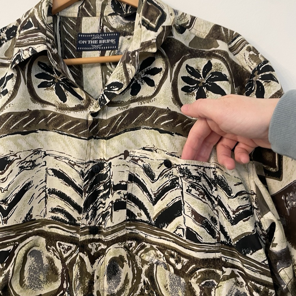 Vintage ON THE BRINK Silk Shirt Mens Medium Retro 90s Earthy Tribal Boho Grunge - Picture 6 of 14